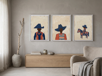 Western Family Triptych — 3 Original Oils, Indigo & Coral — original hand-painted oil shown on the wall in a styled room