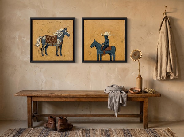 Standing Horse & Small Rider — Set of 2 Original Oils, Blue-Grey & Ochre
