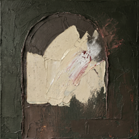 Original textured oil painting of a charcoal-olive field around an arch of thick oat-cream plaster with oxblood-red flecks and a dark brown base band, heavy palette-knife impasto.