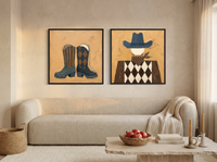 Cowboy Boots & Cowboy — Set of 2 Original Oils, Slate Blue on Ochre — original hand-painted oil shown on the wall in a styled room