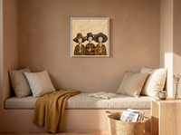 Three Women in Hats Wall Art — Original Palette-Knife Oil, Chocolate & Tan — original hand-painted oil shown on the wall in a styled room