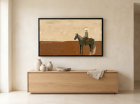 Cowboy on Horseback Wide Wall Art — Original Palette-Knife Oil, Olive & Burnt Sienna — original hand-painted oil shown on the wall in a styled room