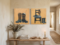 Cowboy Boots & Hat — Set of 2 Original Oils, Ochre & Navy — original hand-painted oil shown on the wall in a styled room