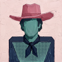 Palette-knife oil of a front-facing cowboy in a mauve-pink hat with an emerald face and a navy shirt with a teal-green gingham front and a navy neckerchief, on a blush ground.