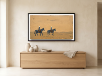 Two Riders on Ochre Wide Canvas — Original Palette-Knife Oil, Golden Ochre & Slate Blue — original hand-painted oil shown on the wall in a styled room
