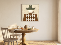 Harlequin Cowboy Wall Art — Original Palette-Knife Oil, Olive & Brown — original hand-painted oil shown on the wall in a styled room