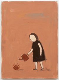 Oil painting of a child in a dark espresso dress watering a small rust sprig with a sienna can, on a terracotta ground.