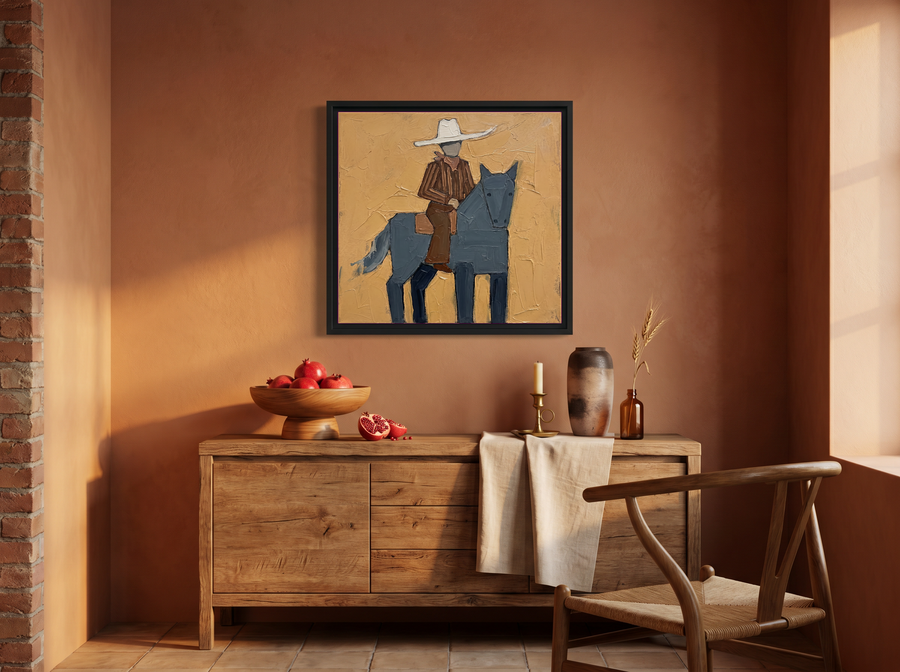 Cowgirl on Horseback Wall Art — Original Palette-Knife Oil, Slate & Ochre