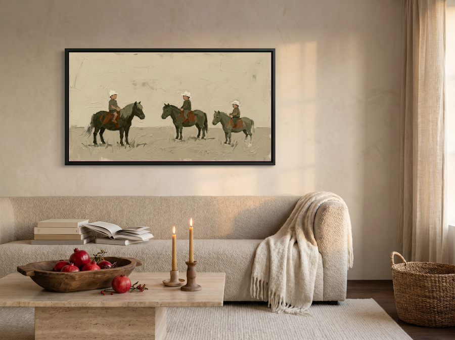 Three Children on Ponies Wide Wall Art — Original Palette-Knife Oil, Olive & Grey