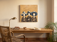 Three Women in Hats Wall Art — Original Palette-Knife Oil, Ochre & Navy — original hand-painted oil shown on the wall in a styled room