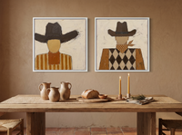 Cowboy, Front and Back — Set of 2 Original Oils, Chocolate & Rust — original hand-painted oil shown on the wall in a styled room