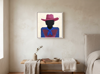 Cowboy in a Checked Shirt Wall Art — Original Palette-Knife Oil, Magenta & Cobalt — original hand-painted oil shown on the wall in a styled room