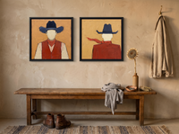 Cowboy Pair, Front & Back — Set of 2 Original Oils, Vermilion & Navy — original hand-painted oil shown on the wall in a styled room