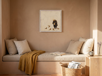 Old Man Feeding Pigeons Wall Art — Original Palette-Knife Oil, Chocolate & Cream — original hand-painted oil shown on the wall in a styled room