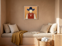Cowboy in a Vest Wall Art — Original Palette-Knife Oil, Navy & Rust — original hand-painted oil shown on the wall in a styled room