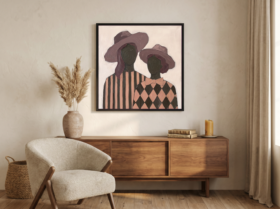 Two Ladies in Floppy Hats Wall Art — Original Palette-Knife Oil, Mauve & Rose