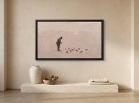 Man Feeding Pigeons Wide Wall Art — Original Oil Landscape, Mauve & Charcoal — original hand-painted oil shown on the wall in a styled room