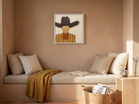 Cowboy in a Wide Hat Wall Art — Original Palette-Knife Oil, Brown & Ochre — original hand-painted oil shown on the wall in a styled room