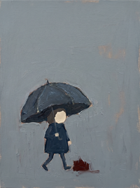 Oil painting of a man in a charcoal coat walking left with a rust-red folded paper, a small dark dachshund behind, on a slate blue-grey ground.