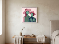 Two Ladies in Pink Hats Wall Art — Original Palette-Knife Oil, Rose & Emerald — original hand-painted oil shown on the wall in a styled room