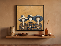 Three Women in Hats Wall Art — Original Palette-Knife Oil, Ochre & Navy — original hand-painted oil shown on the wall in a styled room