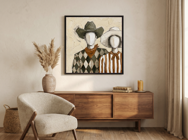 Cowboy & Cowgirl Couple Wall Art — Original Palette-Knife Oil, Olive & Rust