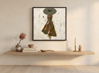 Walking Lady in a Wide Hat Wall Art — Original Palette-Knife Oil, Olive & Sienna — original hand-painted oil shown on the wall in a styled room
