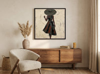 Walking Lady in a Wide Hat Wall Art — Original Palette-Knife Oil, Charcoal & Oxblood — original hand-painted oil shown on the wall in a styled room