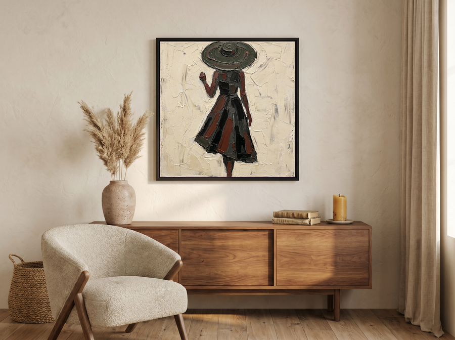 Walking Lady in a Wide Hat Wall Art — Original Palette-Knife Oil, Charcoal & Oxblood