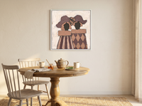 Two Ladies in Hats Wall Art — Original Palette-Knife Oil, Plum & Tan — original hand-painted oil shown on the wall in a styled room