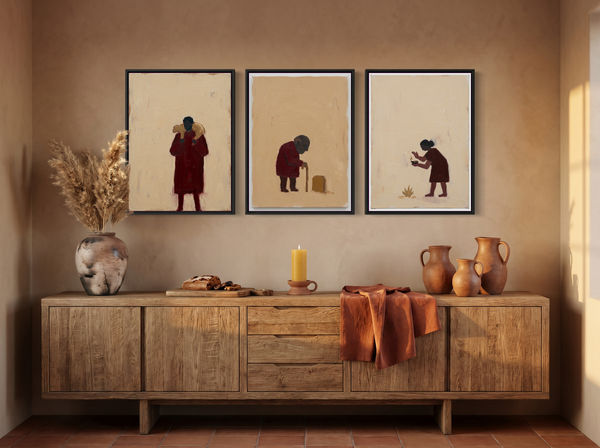 Devotion Triptych — 3 Original Oils, Wine & Sand