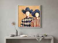 Cowboy & Cowgirl Wall Art — Original Palette-Knife Oil, Navy & Rust — original hand-painted oil shown on the wall in a styled room