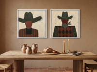 Cowboy, Front and Back — Set of 2 Original Oils, Olive & Oxblood — original hand-painted oil shown on the wall in a styled room
