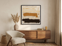 Horizontal Bands Abstract Wall Art — Original Palette-Knife Oil, Ochre & Chocolate — original hand-painted oil shown on the wall in a styled room