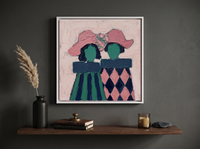 Two Ladies in Hats Wall Art — Original Palette-Knife Oil, Rose & Emerald — original hand-painted oil shown on the wall in a styled room