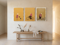 A Quiet Day Triptych — 3 Original Oils, Clay-Rose & Mustard — original hand-painted oil shown on the wall in a styled room