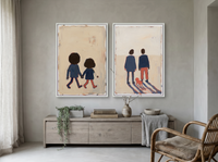 Couple Holding Hands & Couple at Dusk — Set of 2 Original Oils, Indigo & Coral — original hand-painted oil shown on the wall in a styled room
