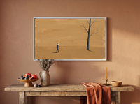 Lone Walker & Bare Tree Wide Wall Art — Original Palette-Knife Oil, Golden Ochre & Navy — original hand-painted oil shown on the wall in a styled room