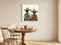 Two Women in Hats Wall Art — Original Palette-Knife Oil, Sage & Terracotta — original hand-painted oil shown on the wall in a styled room