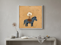Child on a Pony Wall Art — Original Palette-Knife Oil, Slate Blue & Ochre — original hand-painted oil shown on the wall in a styled room