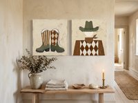 Cowboy Boots & Cowboy — Set of 2 Original Oils, Olive & Sienna — original hand-painted oil shown on the wall in a styled room