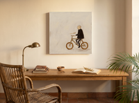 Cyclist Wall Art — Original Palette-Knife Oil, Black & Ochre — original hand-painted oil shown on the wall in a styled room