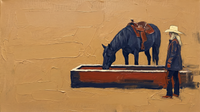 Original wide palette-knife oil painting of a navy horse drinking at a vermilion trough with a cowgirl in a cream hat, on a caramel-ochre ground with heavy impasto texture
