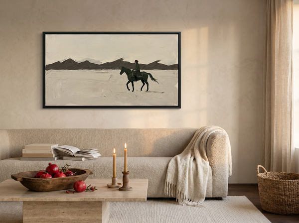 Lone Rider and Mountain Ridge Wide Wall Art — Original Palette-Knife Oil, Dark Olive & Oxblood