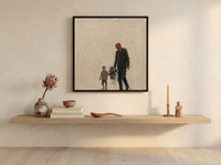 Father & Child Walking Wall Art — Original Palette-Knife Oil, Olive & Oxblood — original hand-painted oil shown on the wall in a styled room