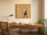 Girl with a Bouquet Wall Art — Original Palette-Knife Oil, Navy & Ochre — original hand-painted oil shown on the wall in a styled room