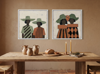 Women in Wide-Brim Hats — Set of 2 Original Oils, Sage & Terracotta — original hand-painted oil shown on the wall in a styled room