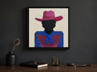 Cowboy in a Checked Shirt Wall Art — Original Palette-Knife Oil, Magenta & Cobalt — original hand-painted oil shown on the wall in a styled room