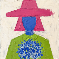 Original oil painting of a figure in a magenta wide-brim hat with a cobalt oval face and lime body, holding a cluster of blue flowers, on a cream ground