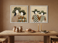 Women in Hats, Two Pairs — Set of 2 Original Oils, Olive & Cream — original hand-painted oil shown on the wall in a styled room